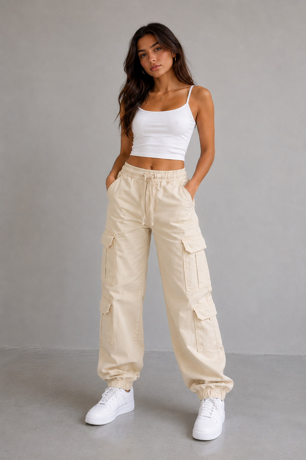 Women’s Beige Double Pockets Cargo Joggers