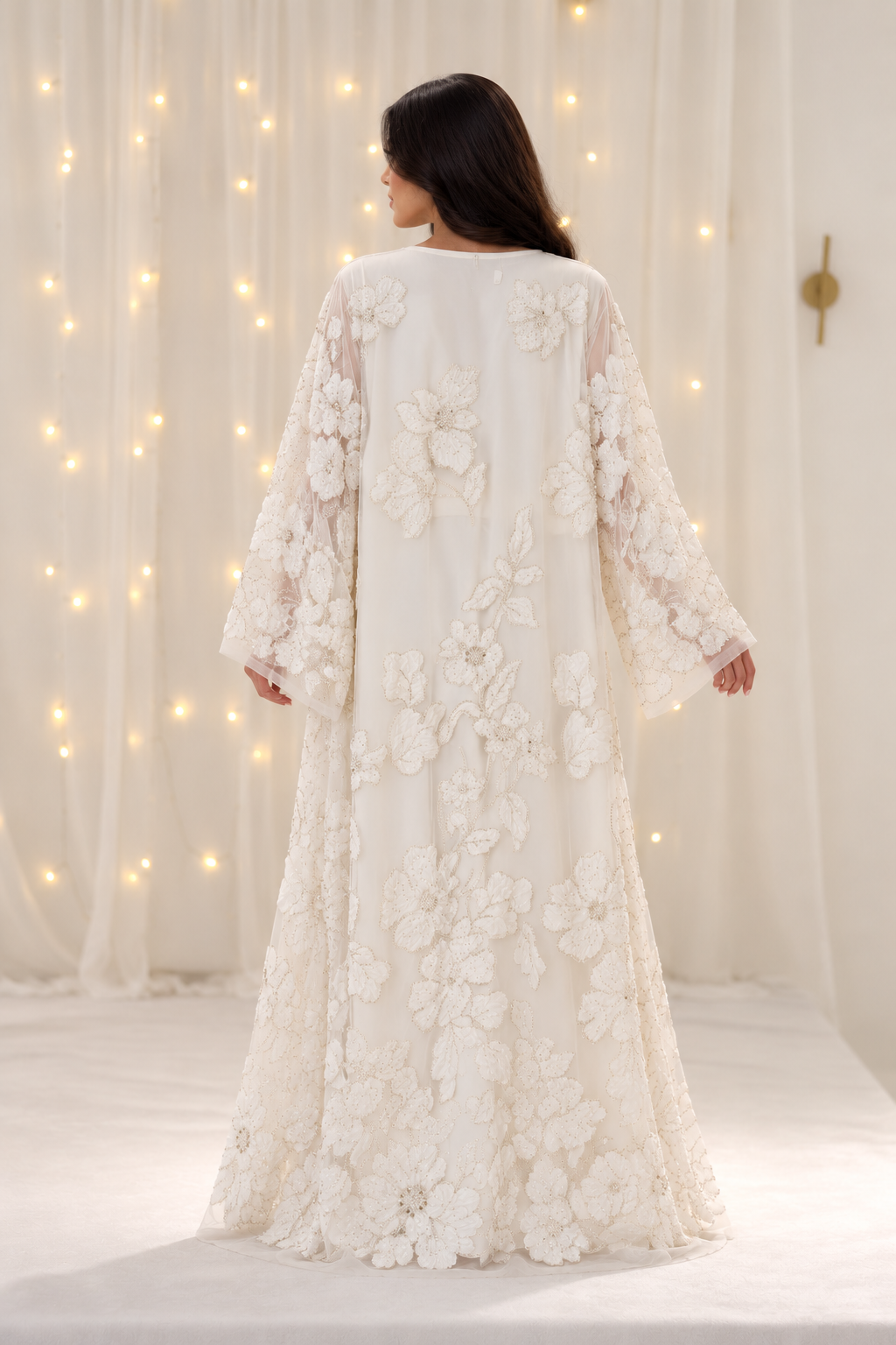Rumaisa White Net Open Abaya