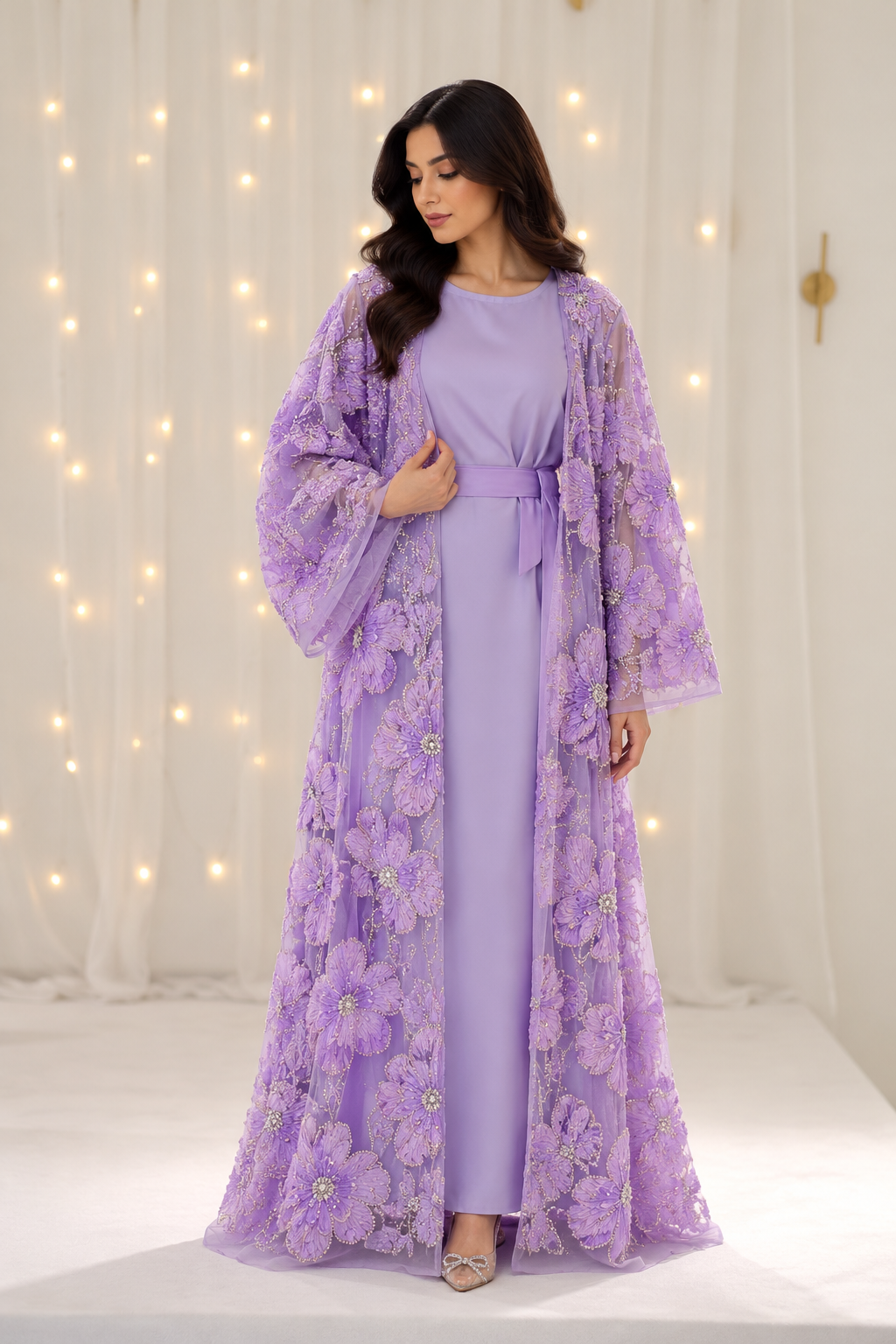 Rumaisa Lilac Net Open Abaya