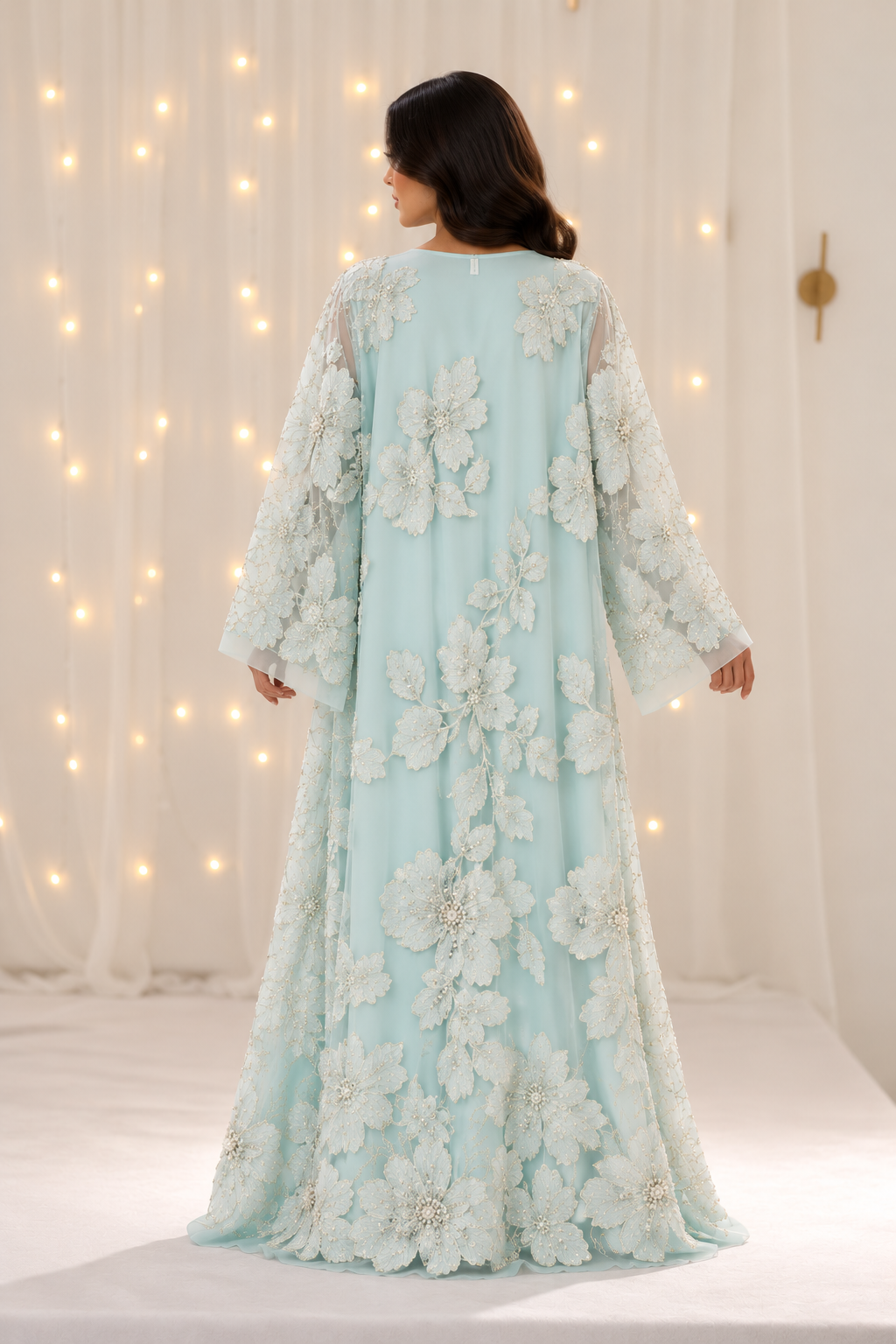 Rumaisa Mint Blue Net Open Abaya