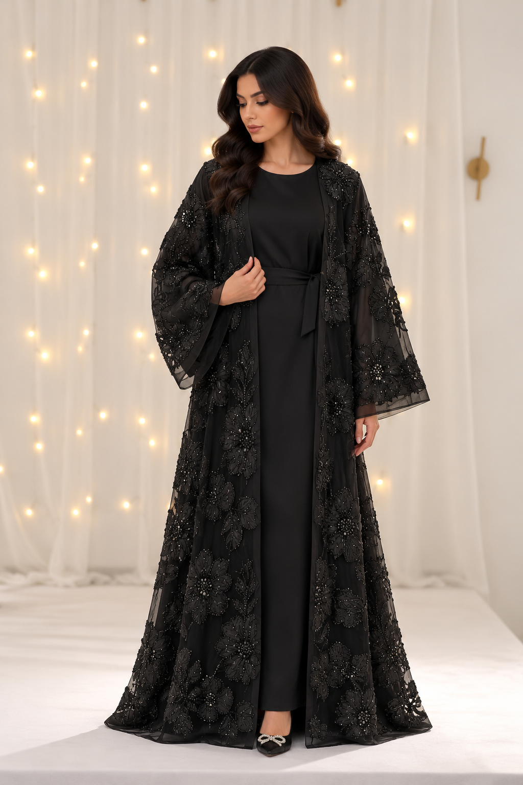 Rumaisa Black Net Open Abaya