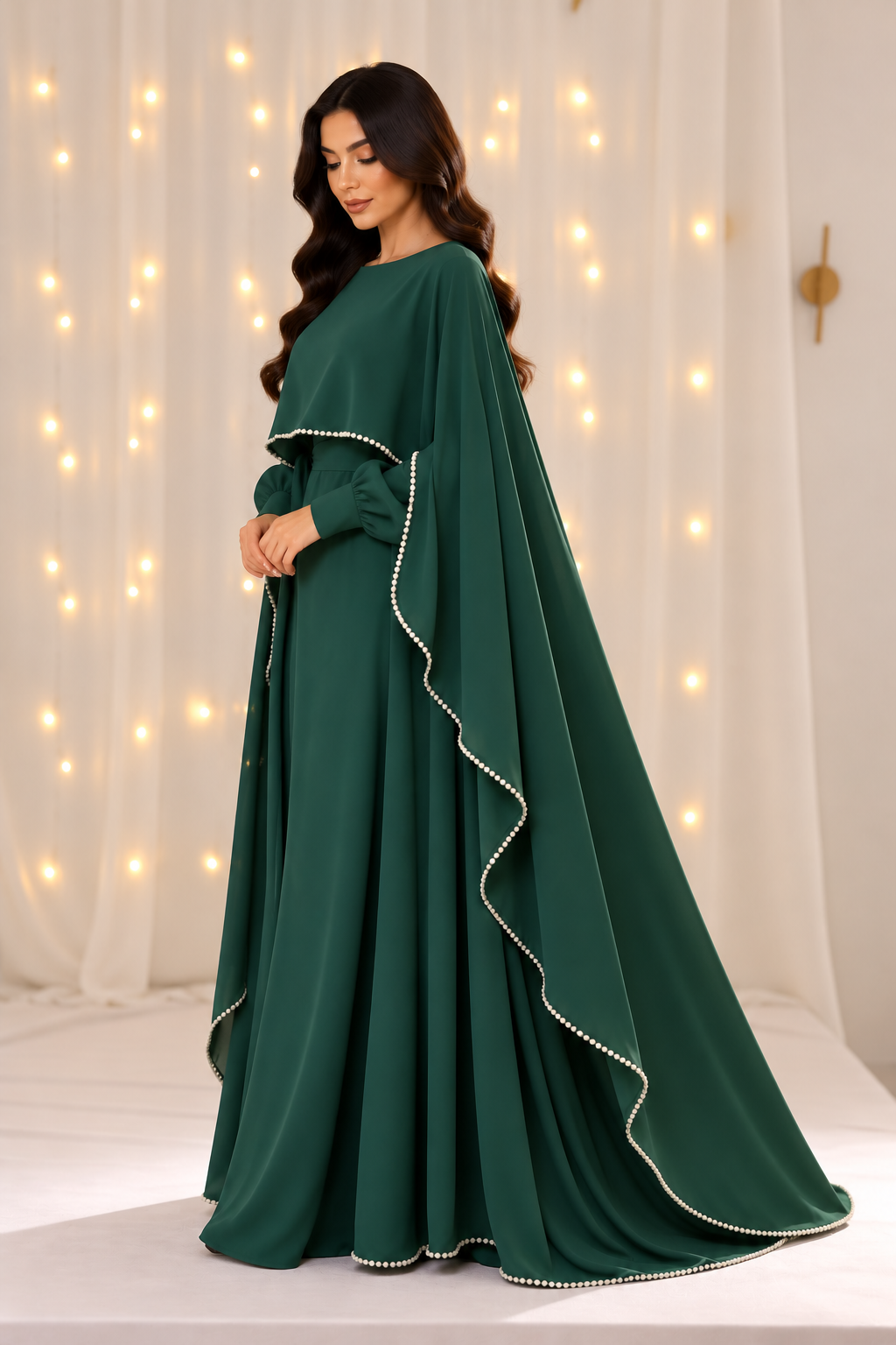 Amaani Green Pearls Cape Abaya