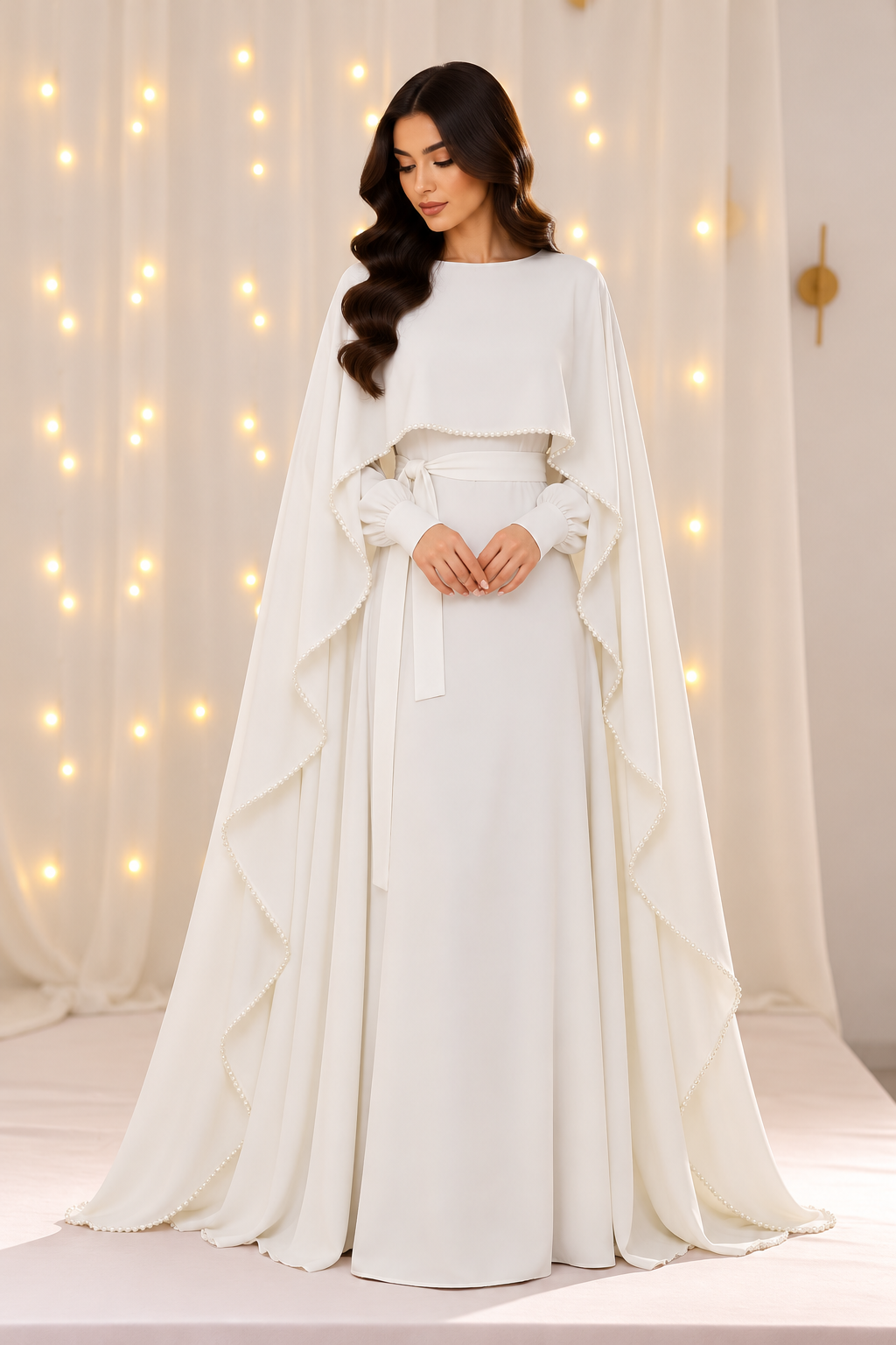 Amaani White Pearls Cape Abaya