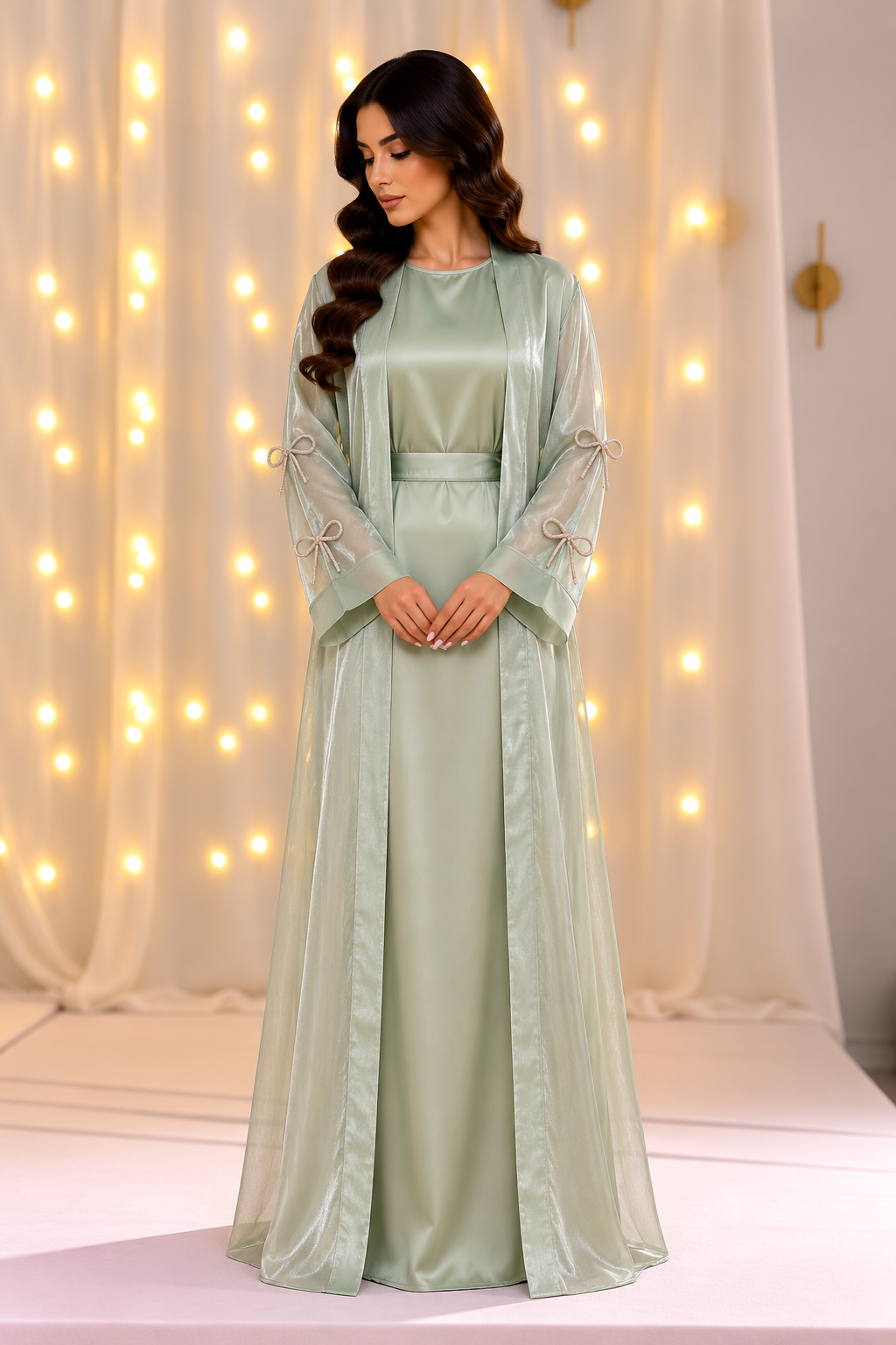 Elara Sage Green Bows Open Abaya