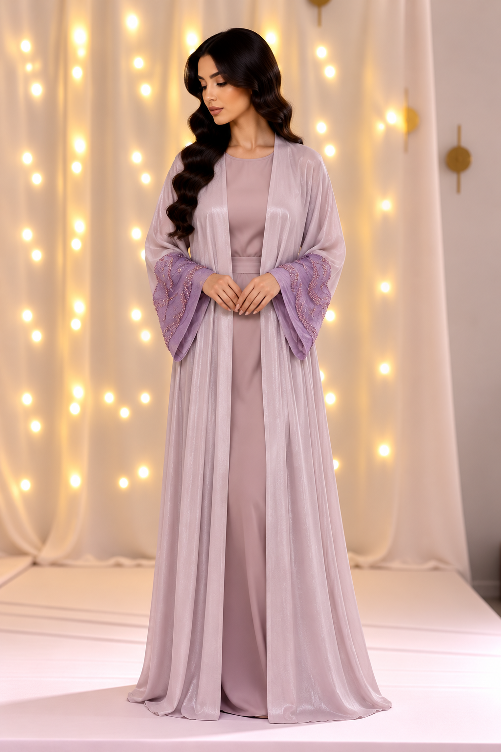 Sara Beaded Cuff Purple Open Abaya