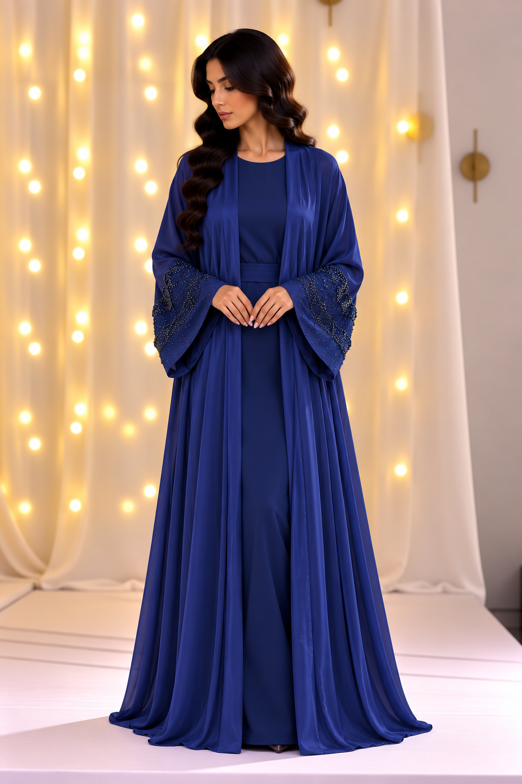 Sara Beaded Cuff Blue Open Abaya