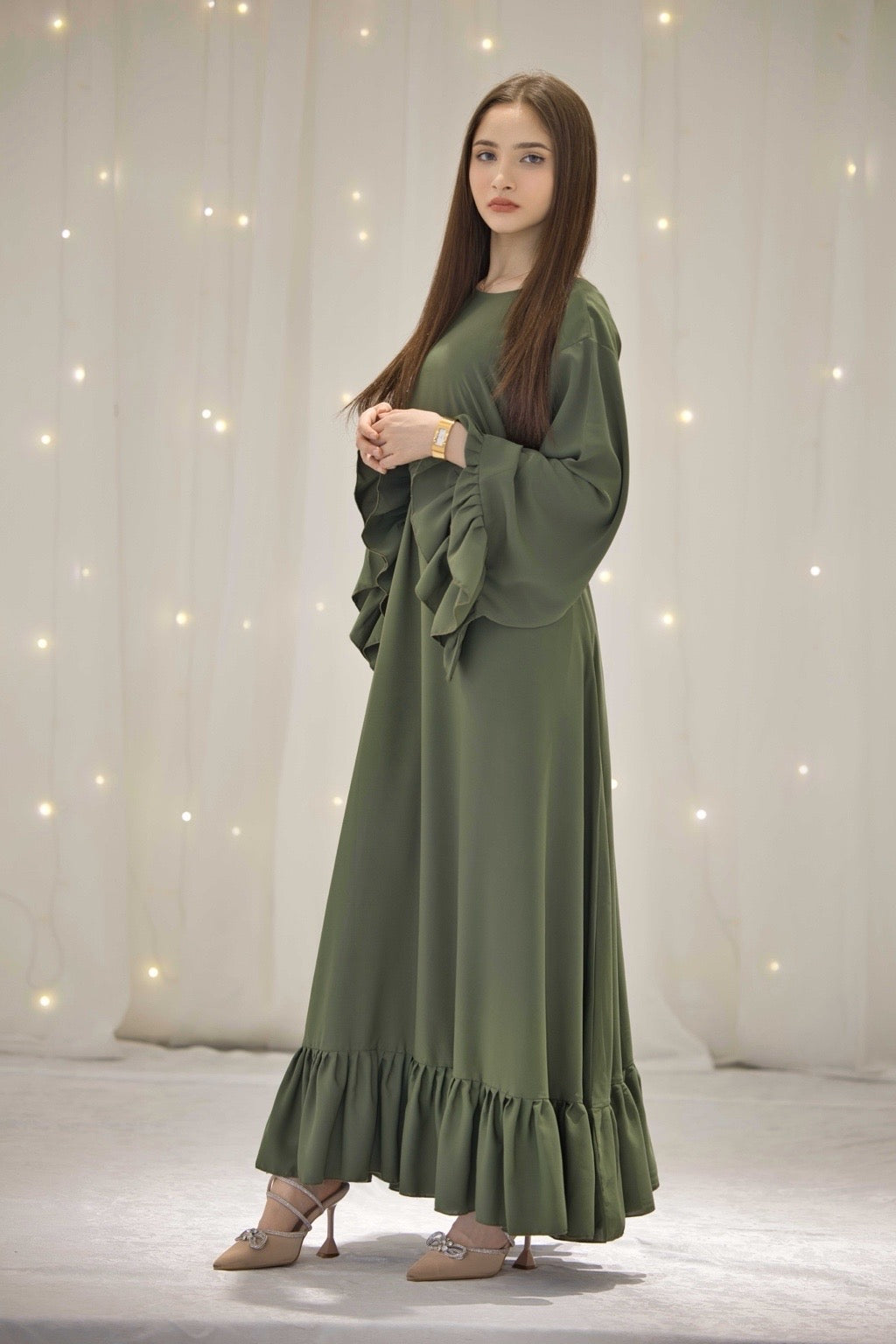 Dima Green Ruffle Dress Abaya – The Luxe Aura
