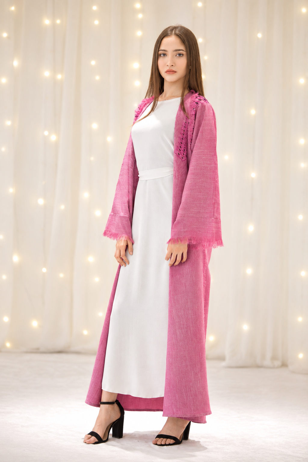 Hoor Pink Linen Beadwork Open Abaya – The Luxe Aura