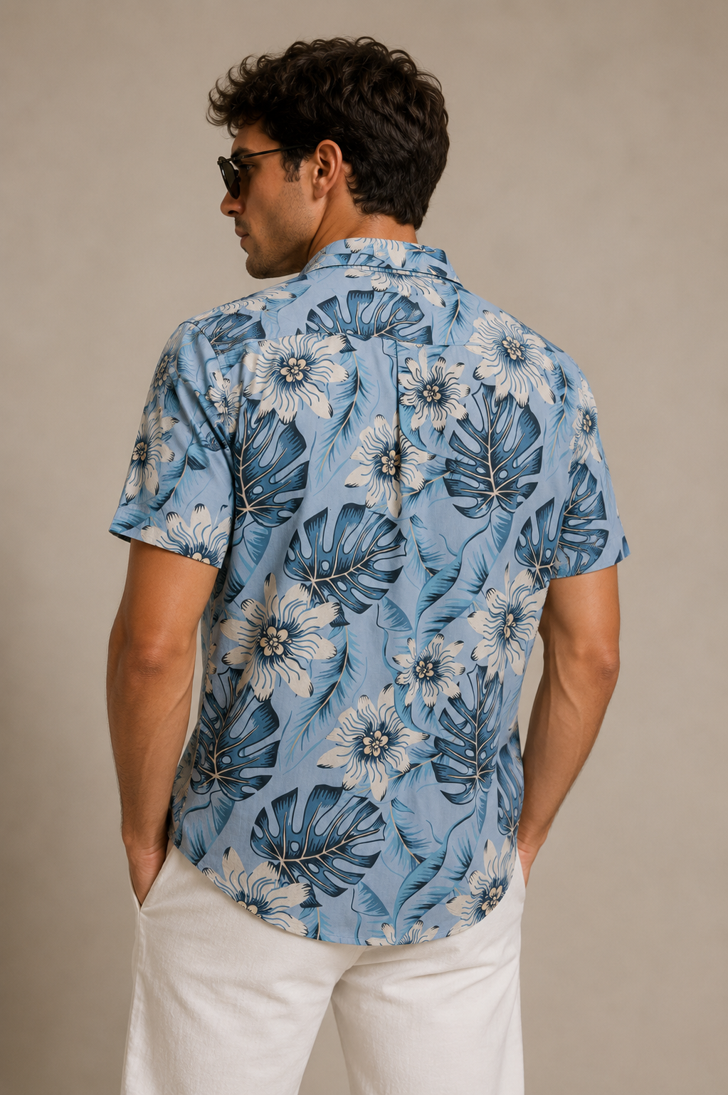 Printed Baby Blue Short Sleeves Button Up Shirt