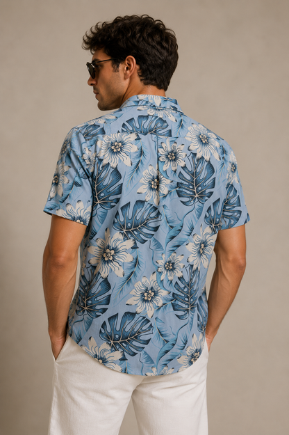 Printed Baby Blue Short Sleeves Button Up Shirt
