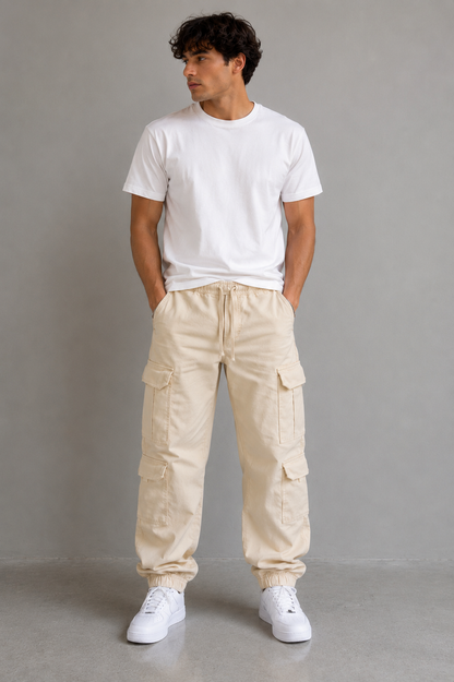 Beige Double Pockets Cargo Joggers