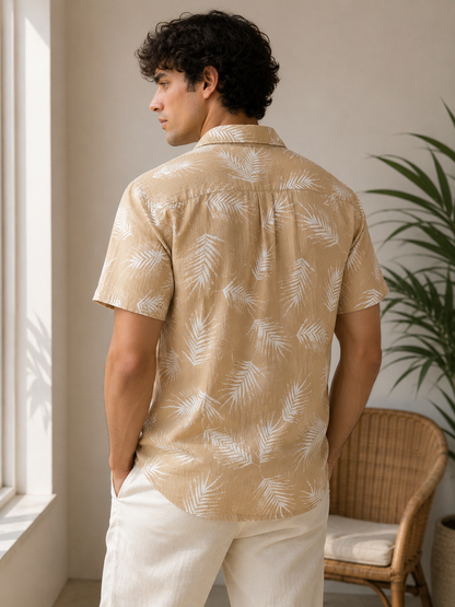 Printed Beige Short Sleeves Button Up Shirt