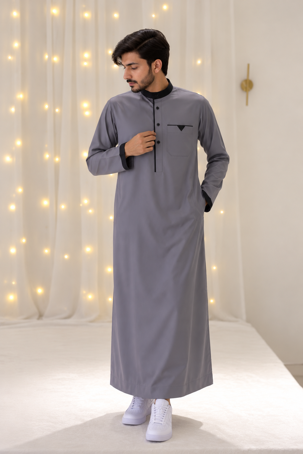Men's Saudi Thobes Zipper Grey And Black