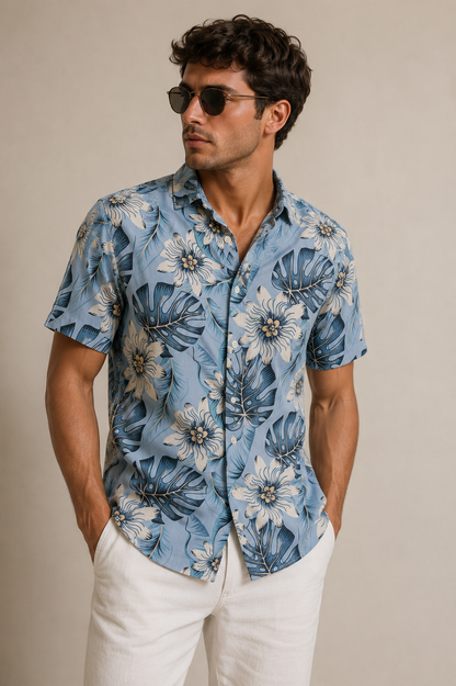 Printed Baby Blue Short Sleeves Button Up Shirt