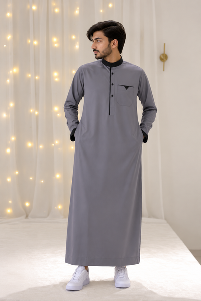 Men's Saudi Thobes Zipper Grey And Black