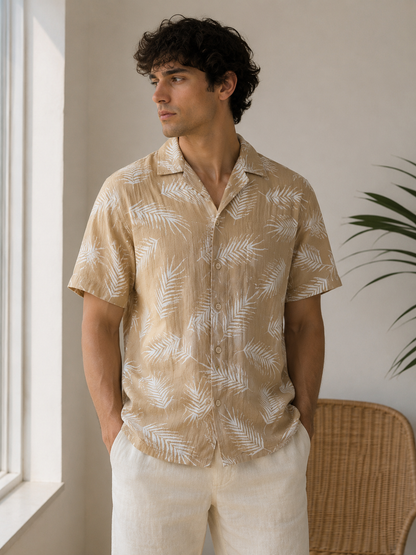 Printed Beige Short Sleeves Button Up Shirt