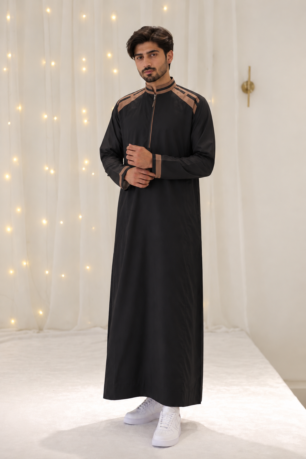 Men's Saudi Thobes Zipper Black And Brown
