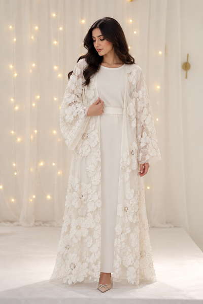 Rumaisa White Net Open Abaya