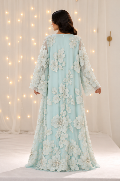 Rumaisa Mint Blue Net Open Abaya