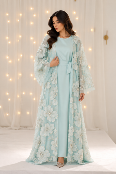 Rumaisa Mint Blue Net Open Abaya