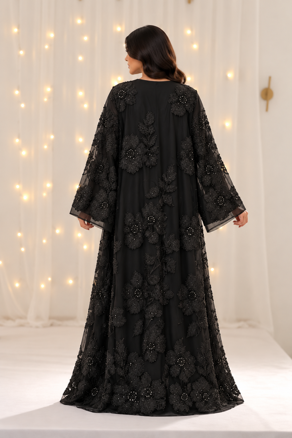 Rumaisa Black Net Open Abaya