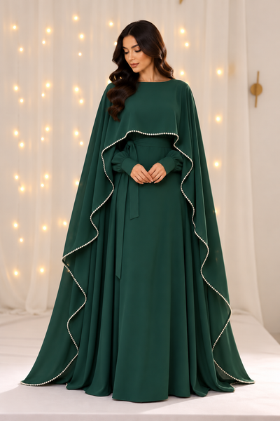 Amaani Green Pearls Cape Abaya