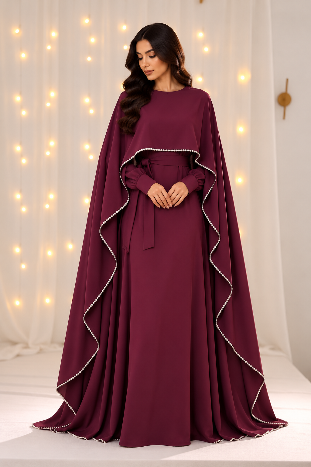 Amaani Red Pearls Cape Abaya
