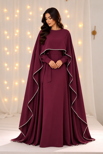 Amaani Red Pearls Cape Abaya