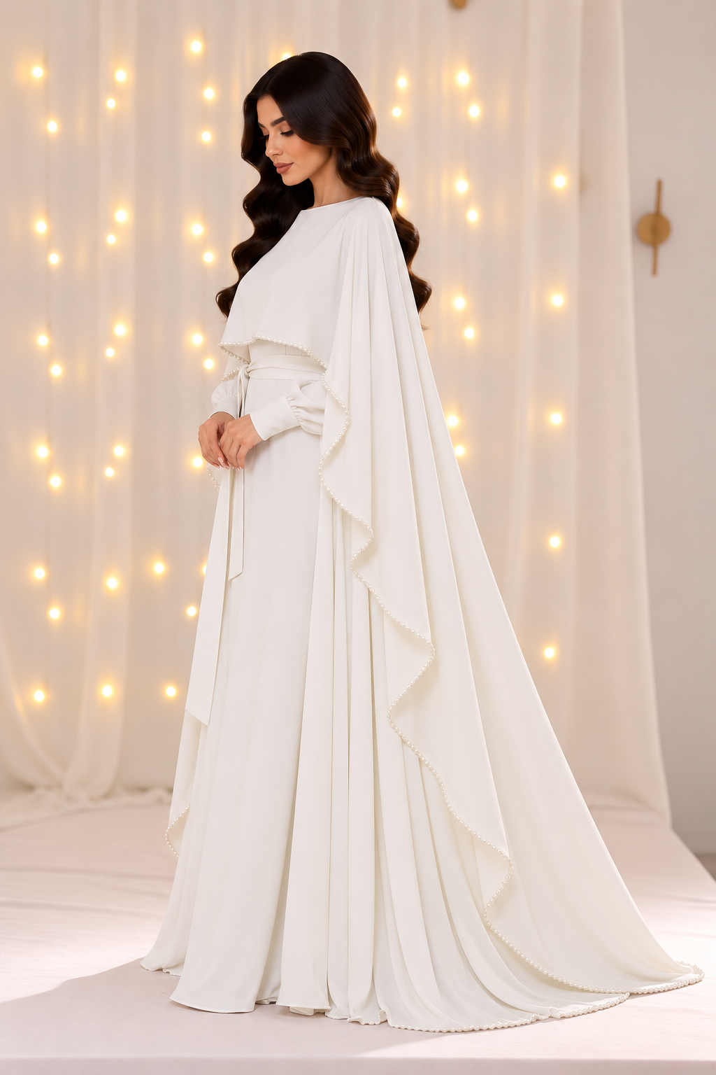 Amaani White Pearls Cape Abaya