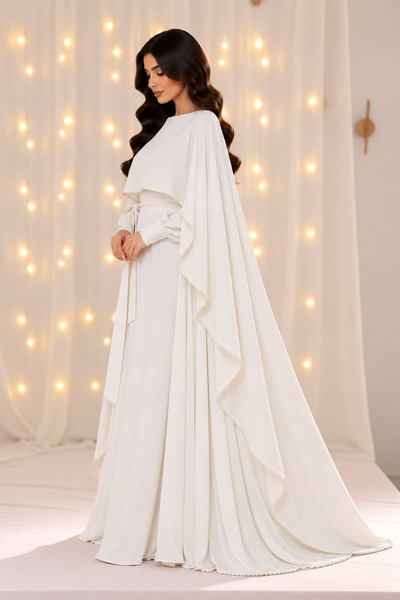 Amaani White Pearls Cape Abaya
