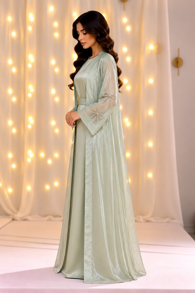 Elara Sage Green Bows Open Abaya