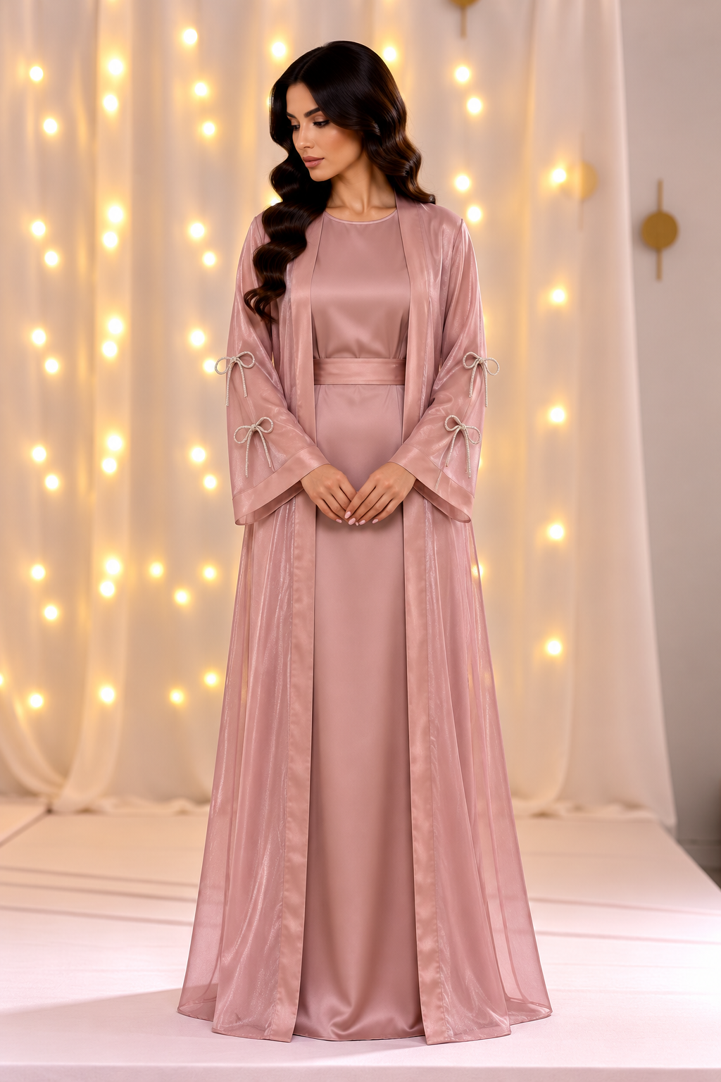 Elara Pink Bows Open Abaya