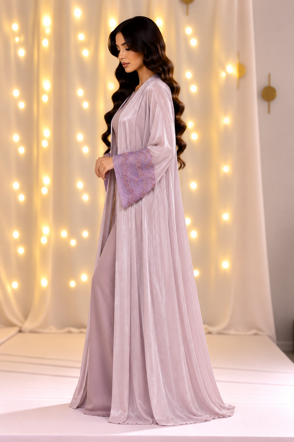 Sara Beaded Cuff Purple Open Abaya