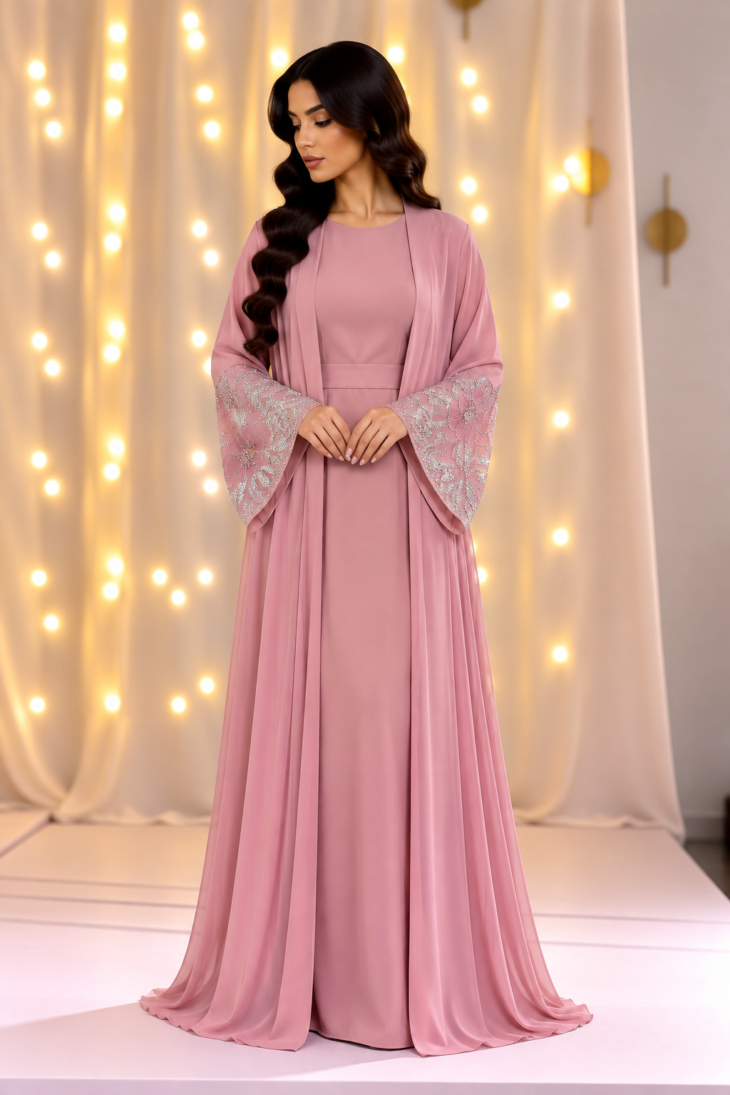 Sara Beaded Cuff Pink Open Abaya