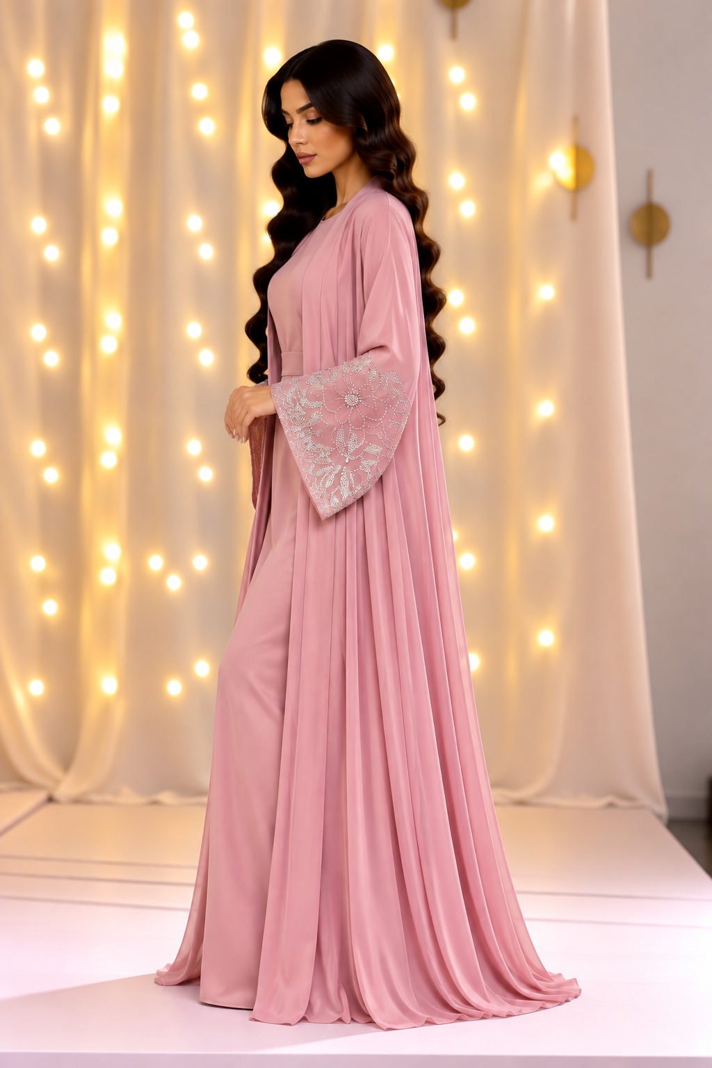 Sara Beaded Cuff Pink Open Abaya