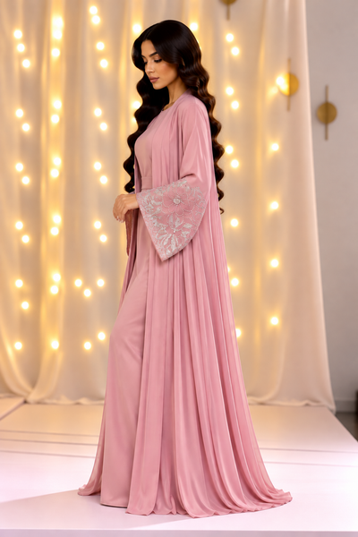 Sara Beaded Cuff Pink Open Abaya