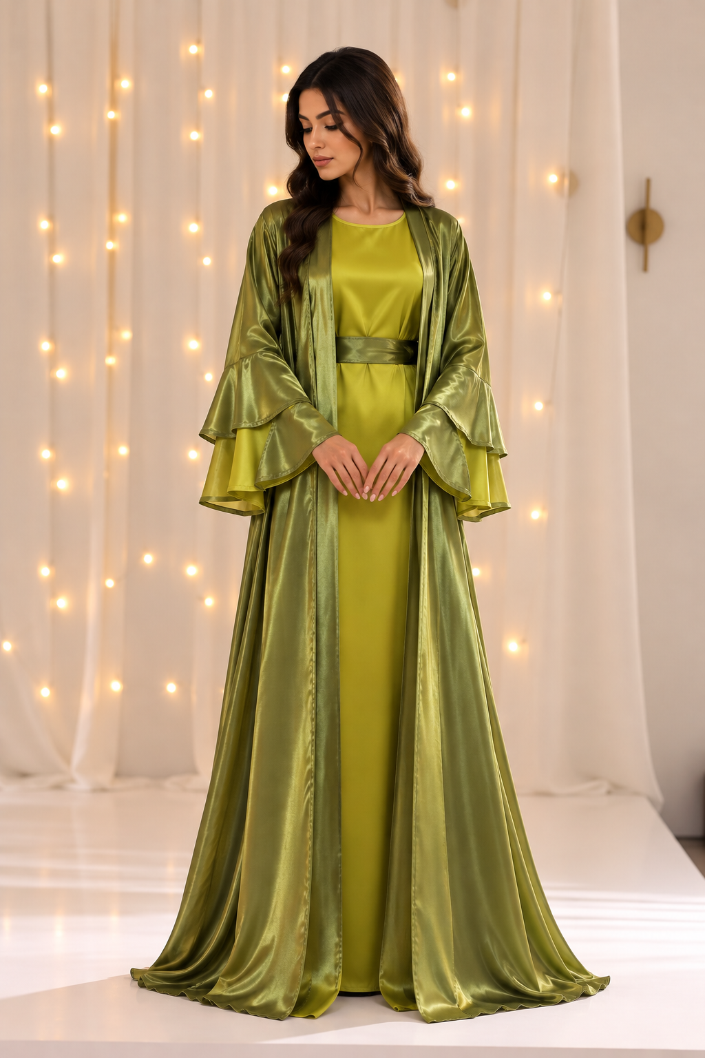 Naila Olive Bell Sleeves Open Abaya