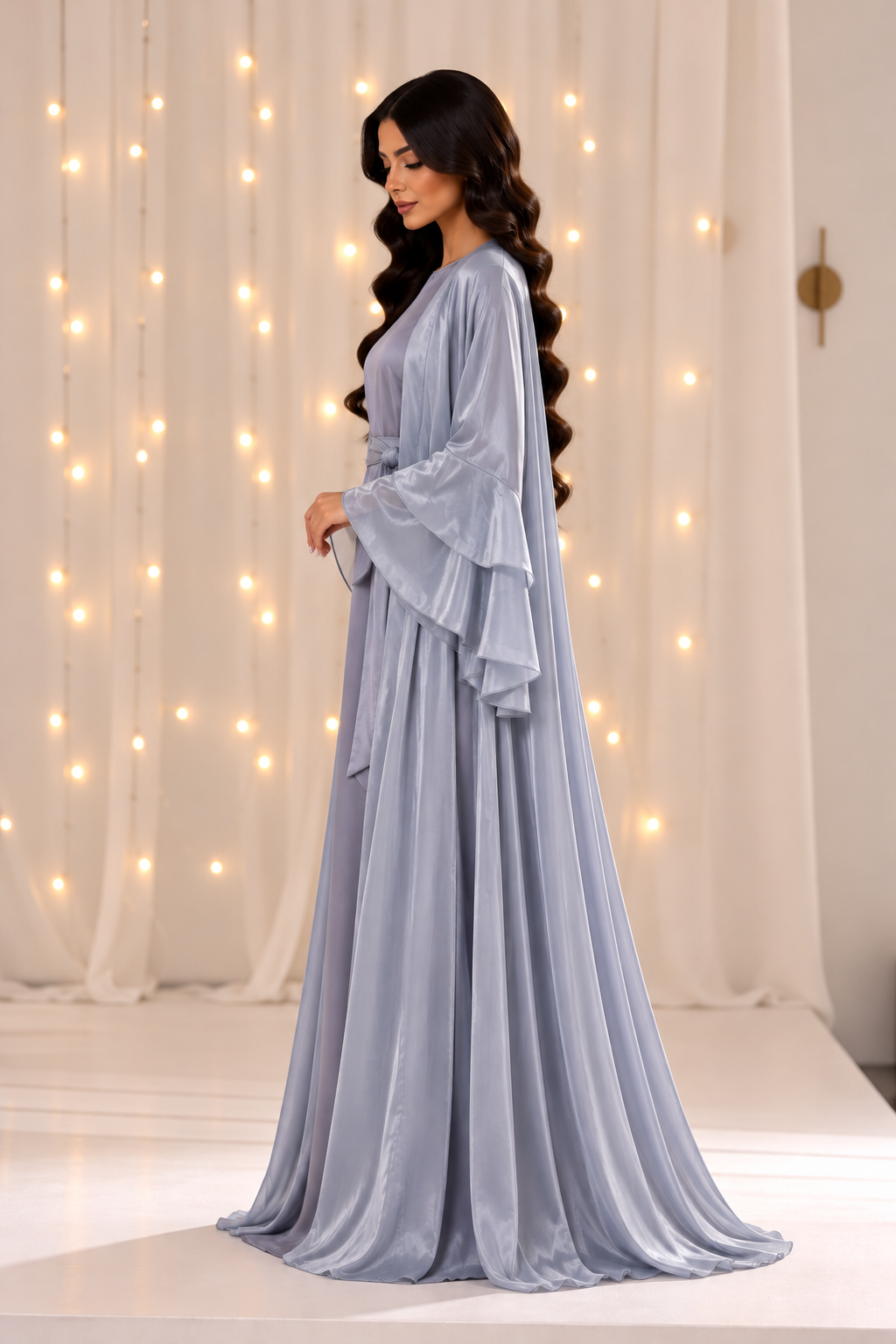 Naila Grey Bell Sleeves Open Abaya
