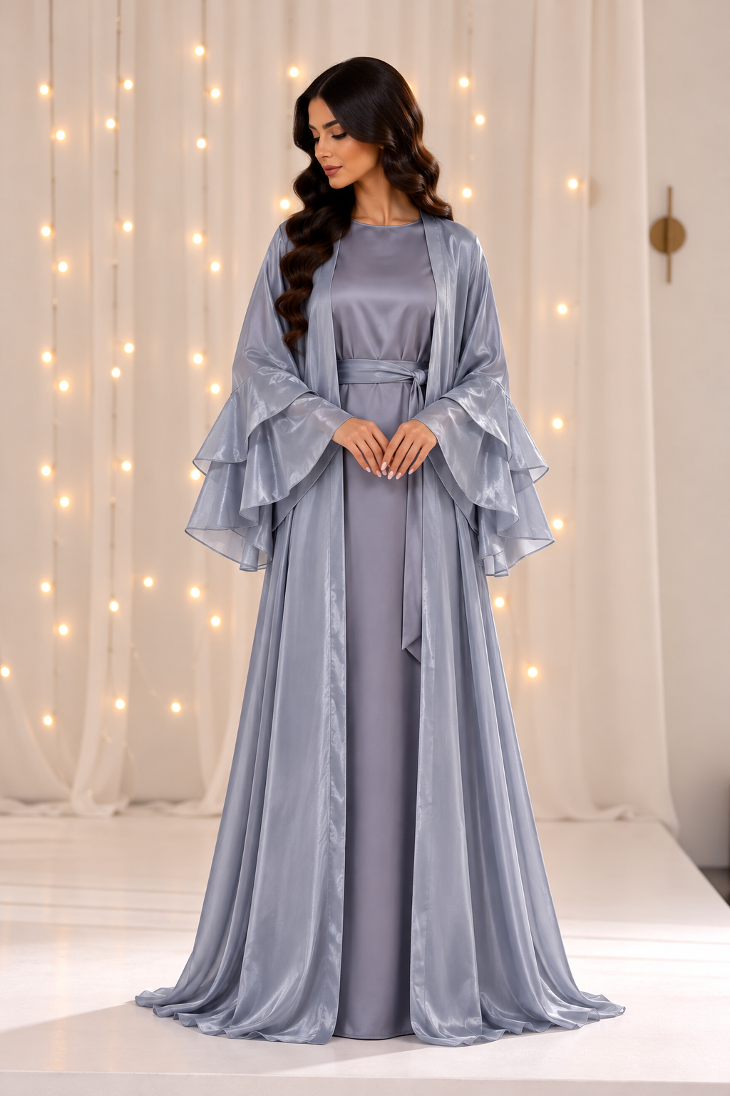 Naila Grey Bell Sleeves Open Abaya