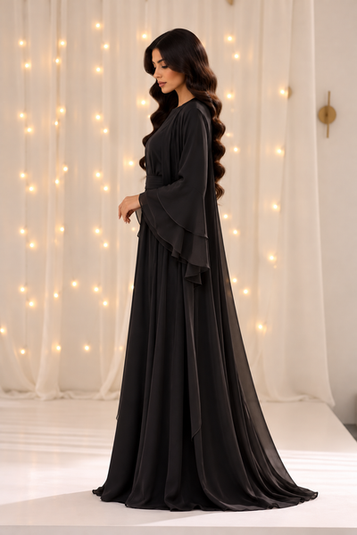 Naila Black Bell Sleeves Open Abaya
