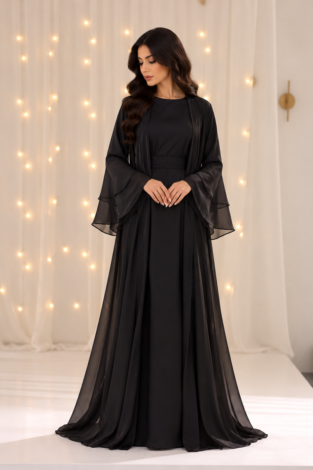 Naila Black Bell Sleeves Open Abaya