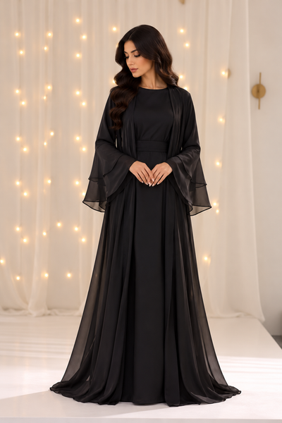 Naila Black Bell Sleeves Open Abaya
