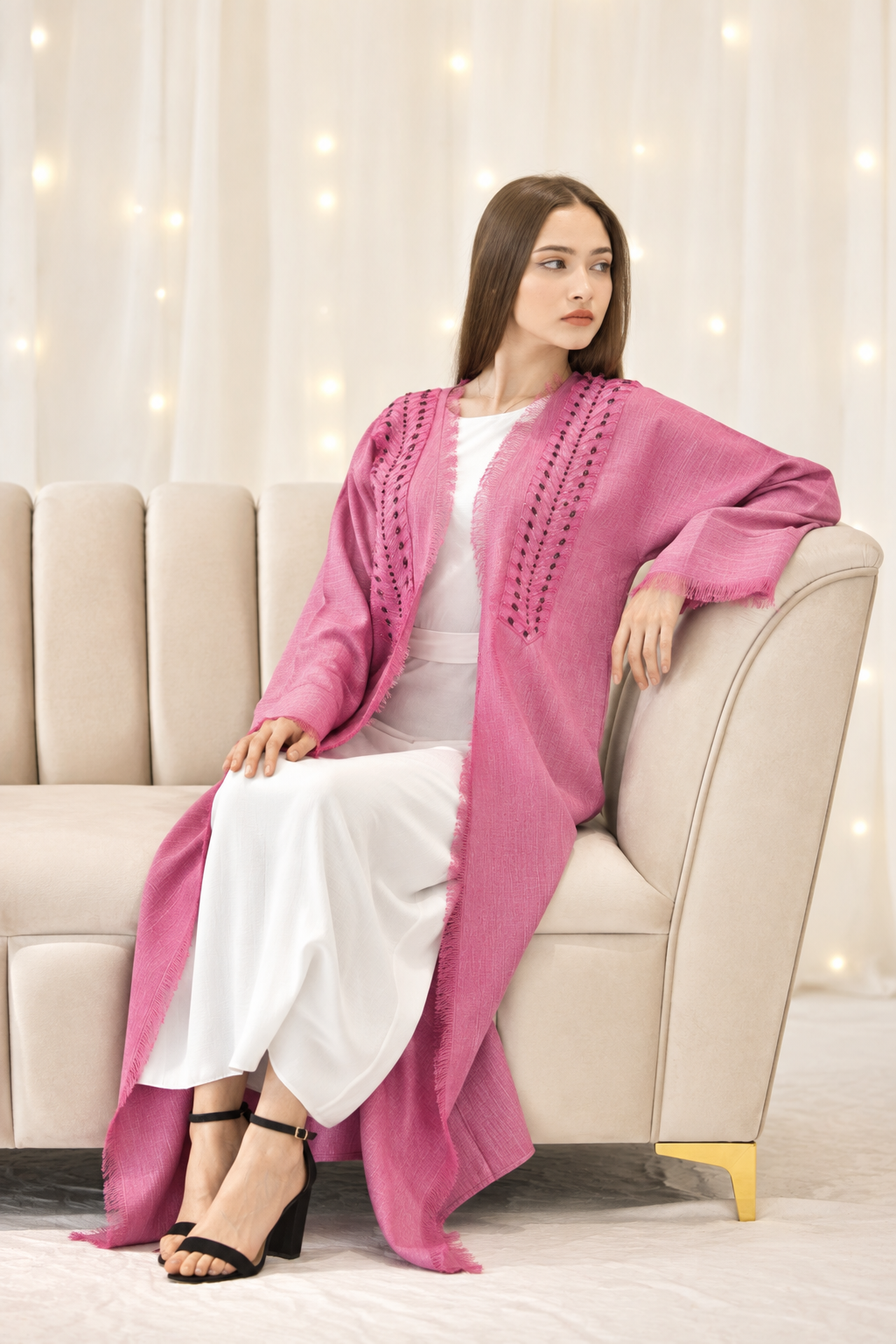 Hoor Pink Linen Beadwork Open Abaya – view 4